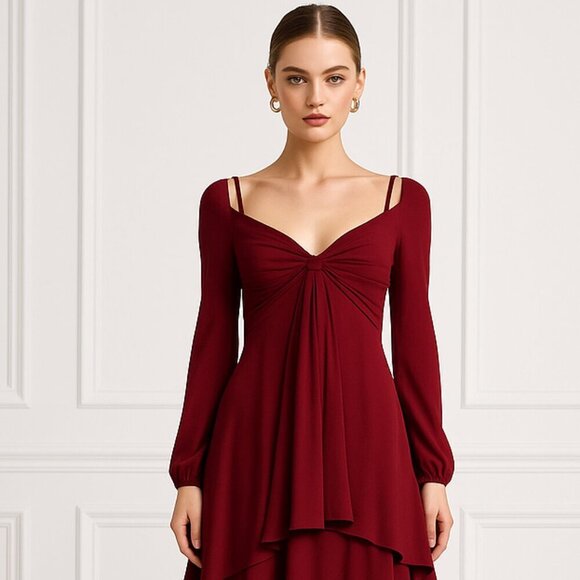 Cinq a’ Sept Fira Tiered Silk Dress Flowy Bishop Sleeves  in Pomegranate Red - Picture 12 of 12